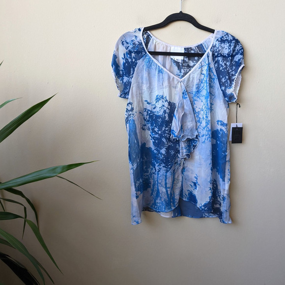 Anthropologie Tops - Anna Sui Silk Printed Ruffle Cap Sleeve Blue Top